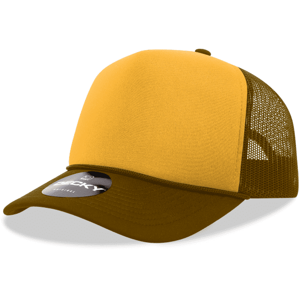 A yellow and brown 5 Panel Mid Pro Foam Trucker cap with mesh sides and a circular logo on the front.