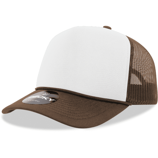 A brown and white 5 Panel Mid Pro Foam Trucker cap with a mesh back and a circular logo on the brim.