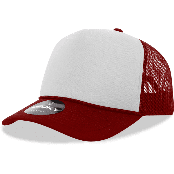 A red and white 5-panel mid-profile structured foam trucker cap with a mesh back and a logo on the front.