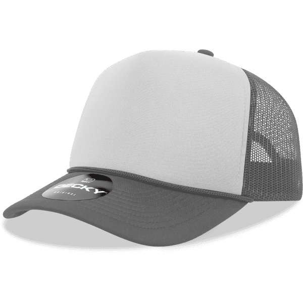 A grey and white 5-panel mid-profile structured foam trucker cap with a mesh back and a logo.