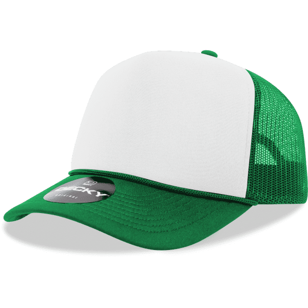 A green and white 5 Panel Mid Pro Foam Trucker cap with a mesh back and a logo on the brim.