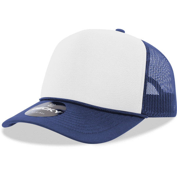 A navy blue foam trucker cap with a white front panel and mesh sides, featuring a logo on the brim.