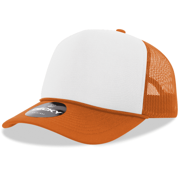 An orange and white 5 Panel Mid Pro Foam Trucker cap with a mesh backing and a logo on the brim.