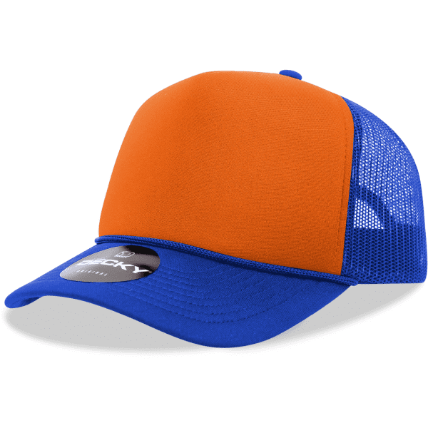 A five-panel foam trucker cap featuring an orange front and blue mesh sides, with a logo on the brim.