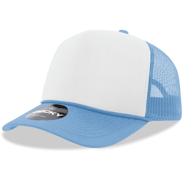 A foam trucker cap in light blue with a white front panel and mesh sides, featuring a logo on the brim.