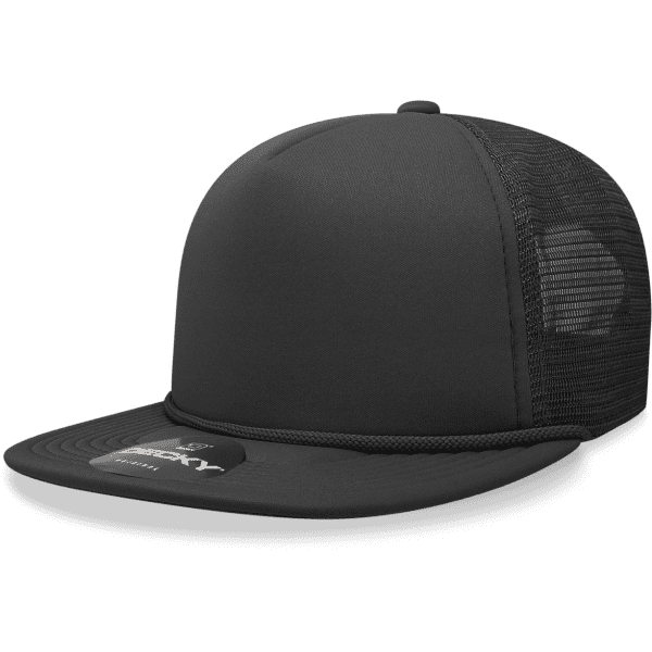 A black 5-panel high profile structured foam trucker hat with mesh sides and a branded label on the front.