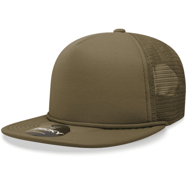 A high-profile structured foam trucker cap in olive green with a mesh back and a branding logo.