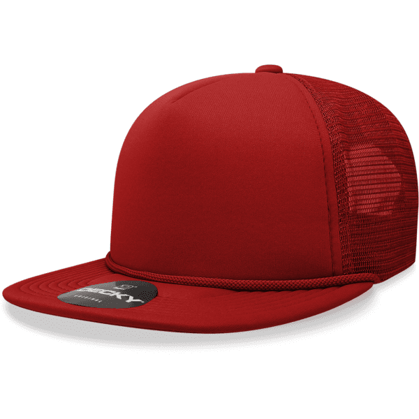A red five-panel high-profile structured foam trucker cap with a mesh back and a logo.