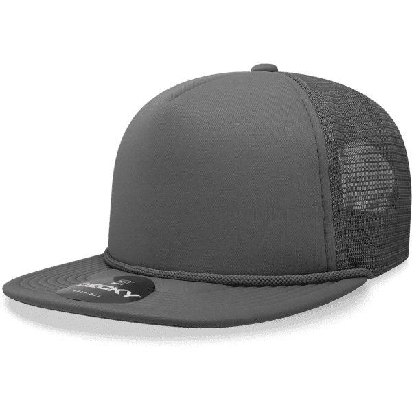 A grey 5 Panel High Pro Foam Trucker cap with a mesh back and a branded label on the front.