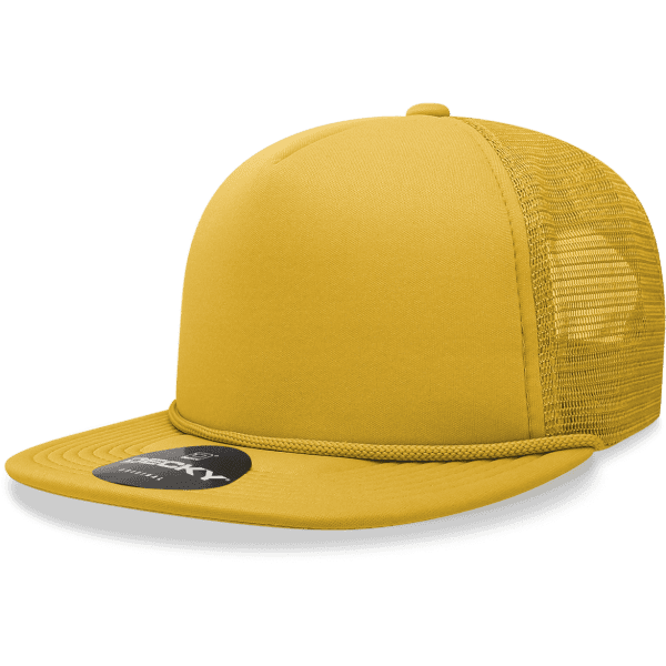 A yellow 5 Panel High Pro Foam Trucker cap with a mesh back and a branded tag on the front.