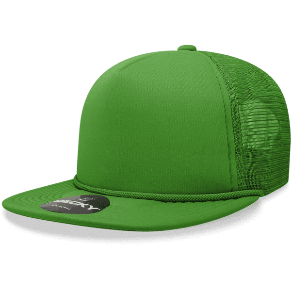 A bright green 5 Panel High Pro Foam Trucker cap with a mesh back and a branded tag on the front.