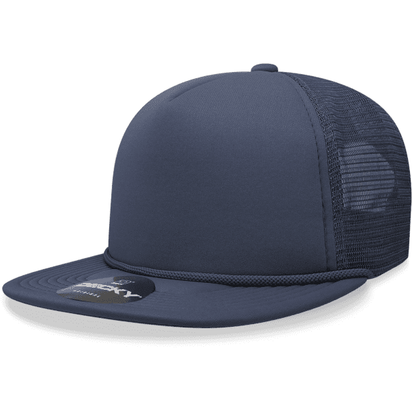 A navy blue 5 Panel High Pro Foam Trucker cap with a mesh back and a branded tag.