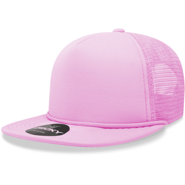 A pink foam trucker hat with a mesh back and a curved brim, featuring a logo on the front.