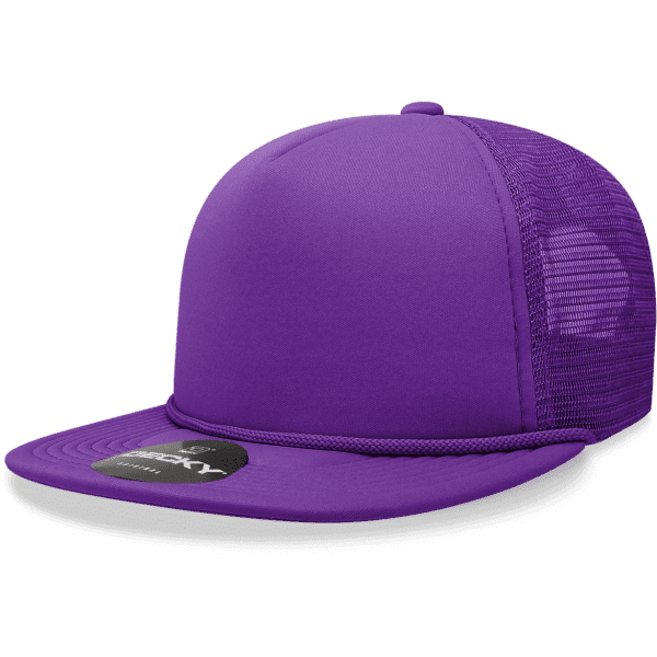 A purple 5 Panel High Pro Foam Trucker cap with a mesh back and a flat brim, featuring a logo.