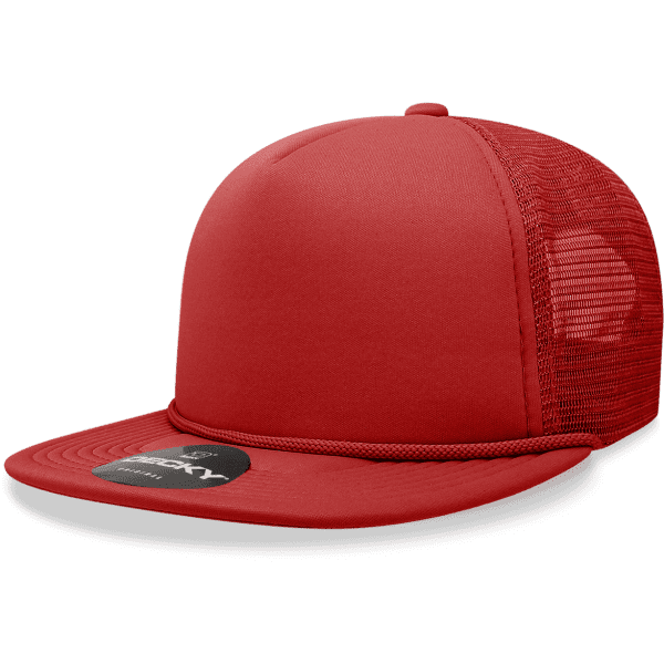 A red 5 Panel High Pro Foam Trucker hat with mesh sides and a curved peak, featuring a logo on the front.