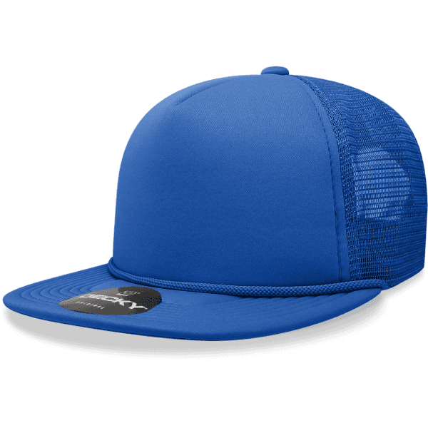 A blue 5 Panel High Pro Foam Trucker cap with a mesh back and a branded tag.