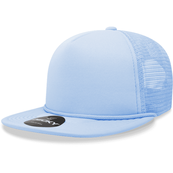 A light blue 5-panel high-profile foam trucker cap with a mesh back and a branded label.