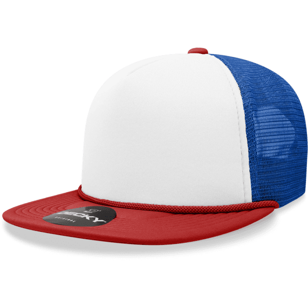 A foam trucker cap featuring a red and white front panel with a blue mesh back. It has a branded label on the peak.