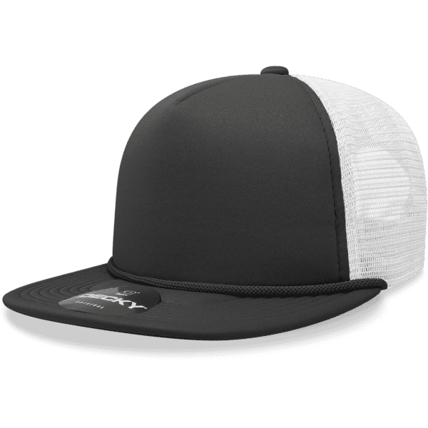 A high-profile foam trucker cap in black with a white mesh back and a branded patch on the front.