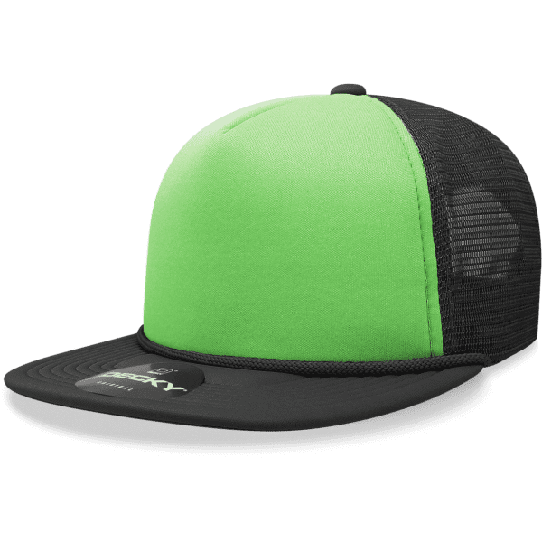 A green and black 5 Panel High Pro Foam Trucker cap with a mesh back and a branded logo.