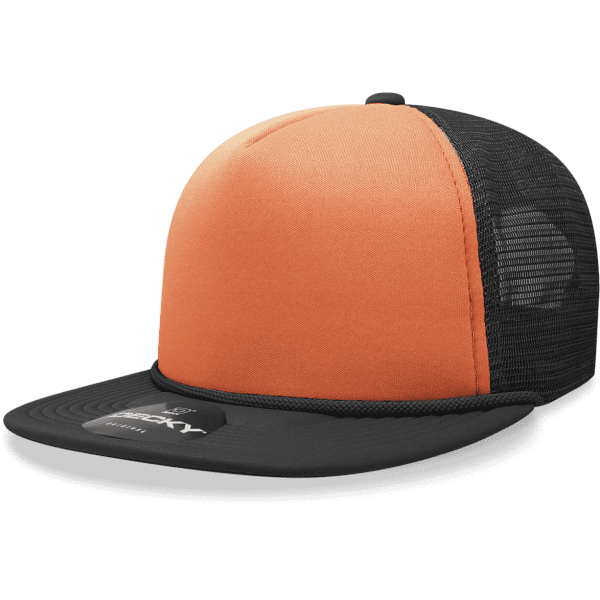 A high-profile foam trucker cap in orange and black, featuring a mesh back and a branded patch.