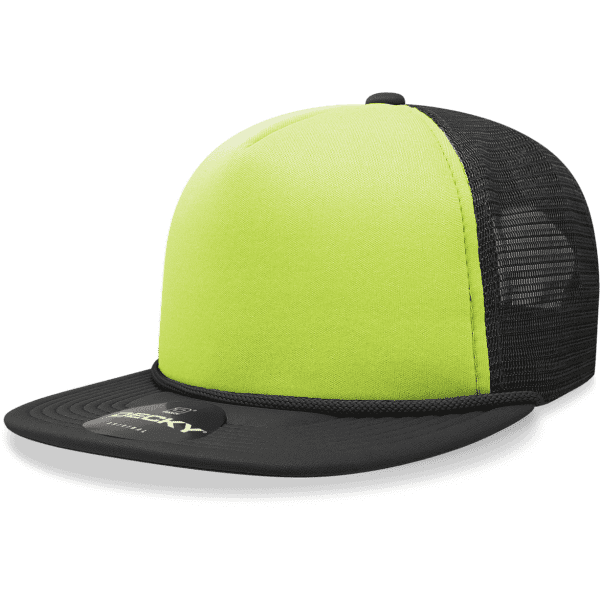 A high visibility green and black 5 Panel High Pro Foam Trucker cap with a brand logo.