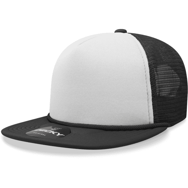 A black and white 5 Panel High Pro Foam Trucker cap with a mesh back and a logo on the front.