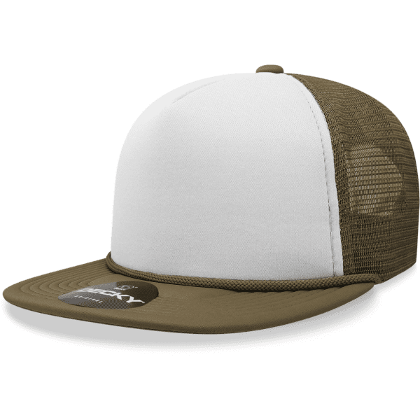 A high-profile, five-panel trucker cap in olive green and white with a mesh back and a logo on the brim.