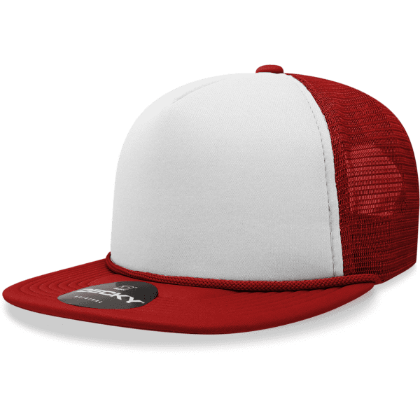 A red and white 5 Panel High Pro Foam Trucker cap featuring a mesh back and a branded logo.
