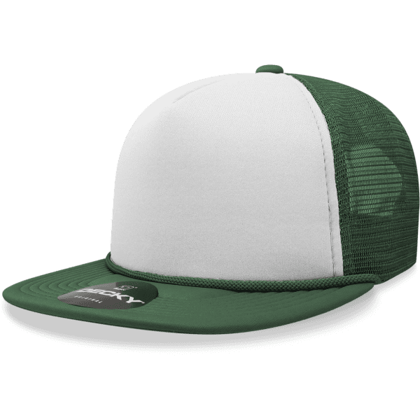 A green and white 5-panel high pro foam trucker cap featuring a flat brim and a mesh back, with a logo on the front.