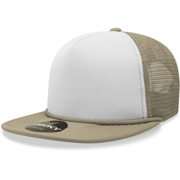 A beige and white 5 Panel High Pro Foam Trucker cap with a mesh back and a logo on the brim.