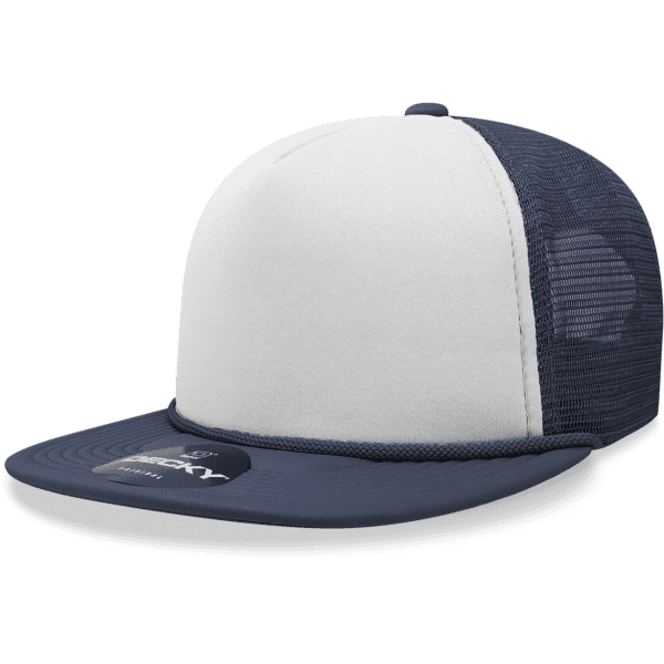 A navy and white 5 Panel High Pro Foam Trucker cap with a mesh back and a branded patch on the front.