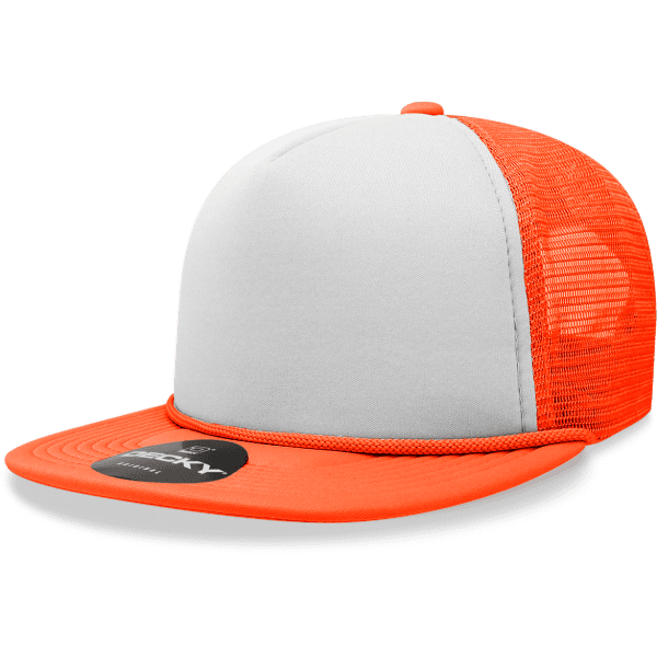 A high-profile foam trucker cap in bright orange with a white front panel and mesh sides. It features a branded label.