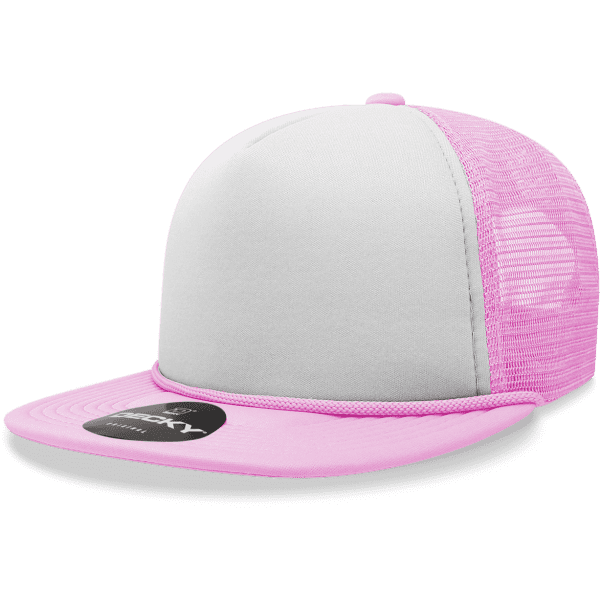 A pink and grey 5 Panel High Pro Foam Trucker hat with a mesh back and a branded label on the brim.