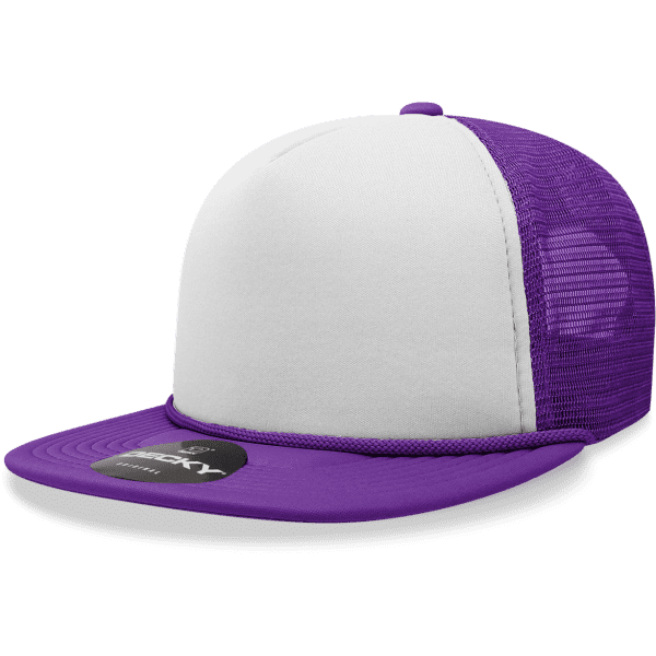 A purple and white 5 Panel High Pro Foam Trucker cap with a mesh back and a branding logo.