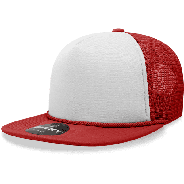 A red and white 5 Panel High Pro Foam Trucker cap with a curved brim and mesh back, featuring a logo.
