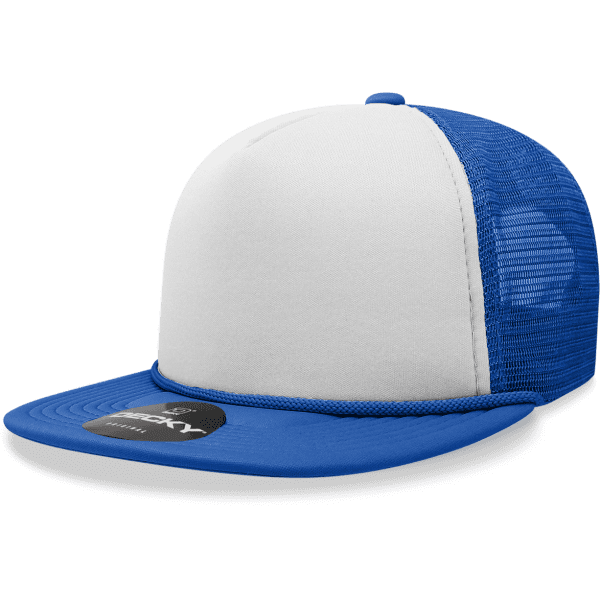 A blue and white 5 Panel High Pro Foam Trucker cap with a mesh back and a flat brim, featuring a logo.