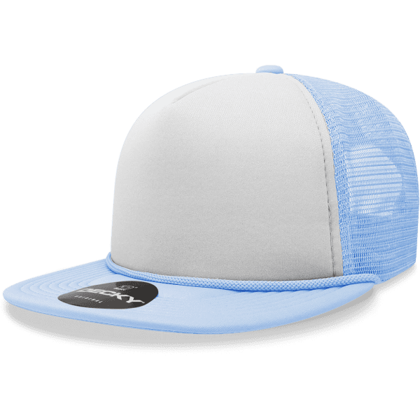 A light blue 5 Panel High Pro Foam Trucker cap with a mesh back and branding on the front.