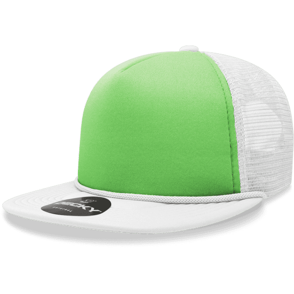 A green and white 5 Panel High Pro Foam Trucker cap with a mesh back and a logo on the front.