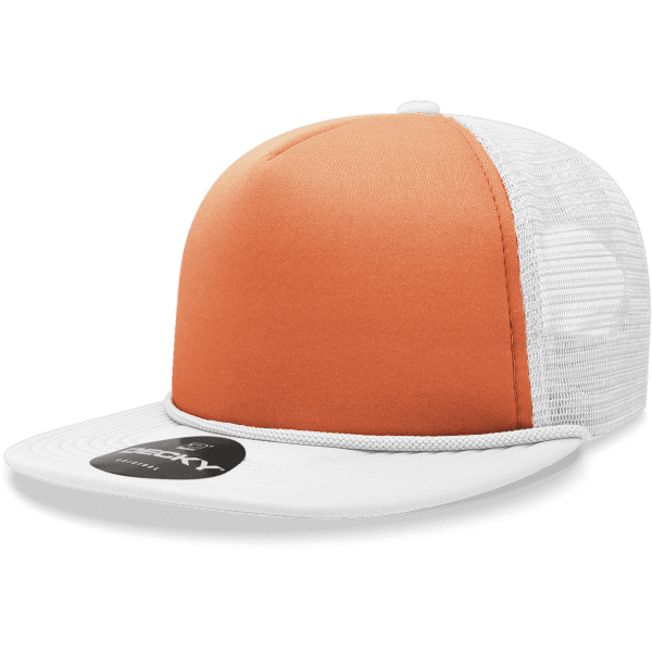 A five-panel foam trucker cap featuring an orange front and white mesh sides, with a black brim and a logo.