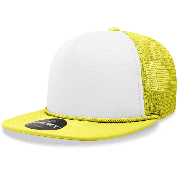 A yellow and white 5 Panel High Pro Foam Trucker cap with a mesh design and a branded tag on the front.