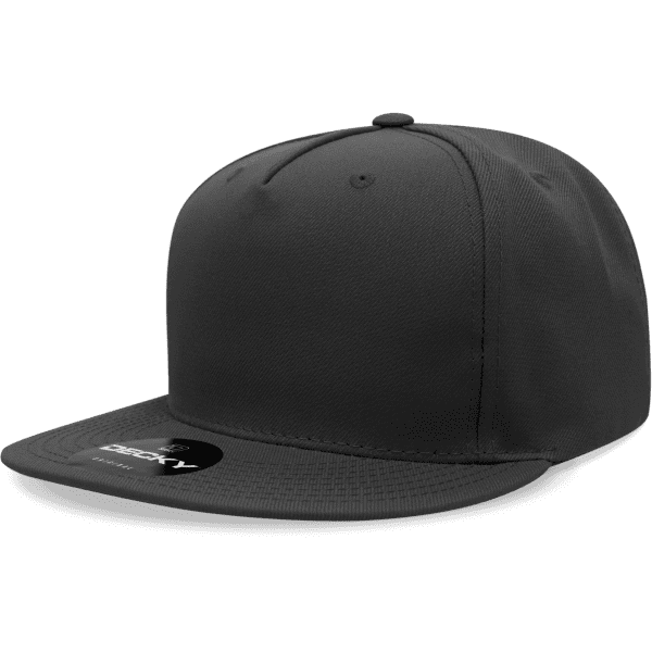 A black 5 panel high profile structured snapback cap with a branded logo on the front.