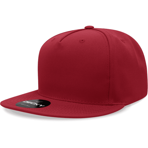 A red 5 panel high profile structured snapback cap with a flat brim and a logo on the front.