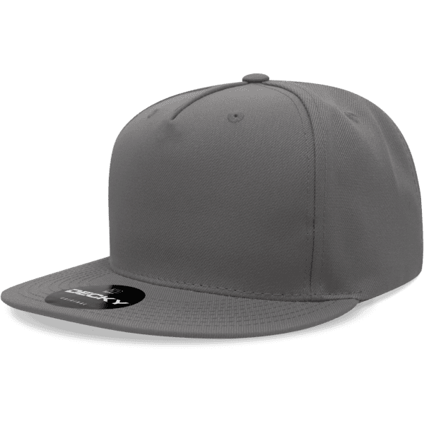 A grey 5 panel high profile structured snapback cap with a branded logo on the front.