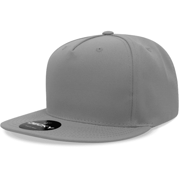 A grey 5 panel high profile structured snapback cap with a flat brim and a logo on the underside of the brim.