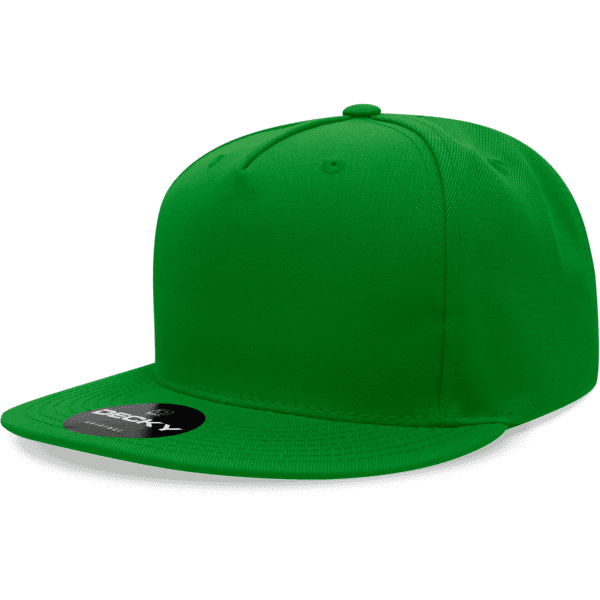 A green 5 Panel High Profile Structured Snapback cap with a flat brim and a branding logo.