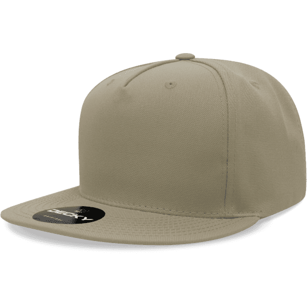 A high-profile tan snapback cap with a structured design and a branding logo on the front.