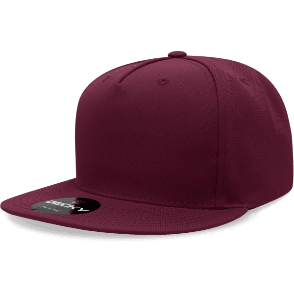 A maroon high-profile structured snapback cap featuring a flat brim and a logo.