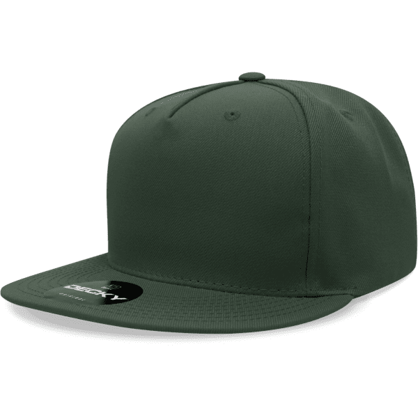 A dark green 5 panel high profile structured snapback cap with a branded label on the front.