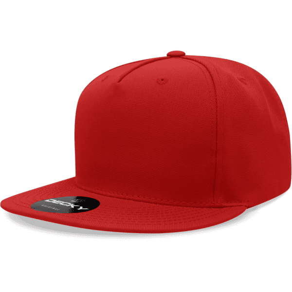 A red 5 panel high profile structured snapback cap with a flat brim and a logo on the side.